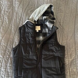 Black Hooded Vest with Plaid Lining